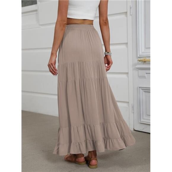 Womens Maxi Skirt High Waist Tiered A Line Flowy Pleated Boho Beach Vacation - Picture 5 of 7